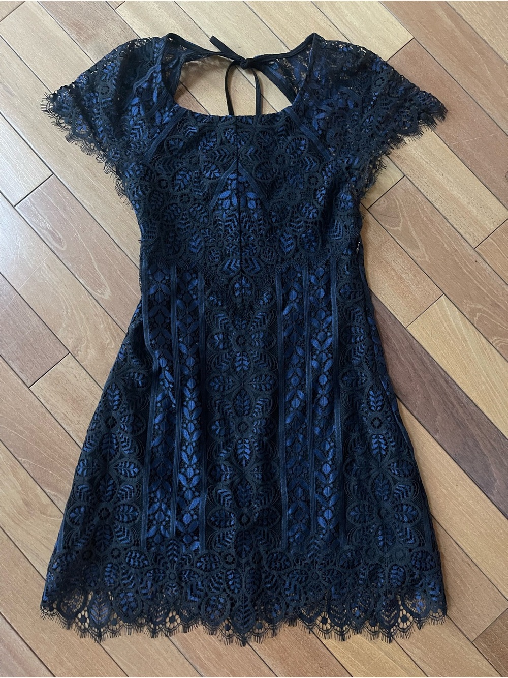 For Love & Lemons Lyla Lace Feminine Mini Dress Midnight Blue Open Back Size S - Picture 3 of 15